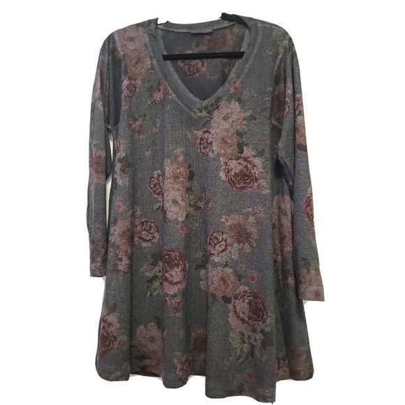 Nally & Millie Tops - NALLY and Millie Women's Tunic Top V Neck Charcoal & Burgandy Floral Large